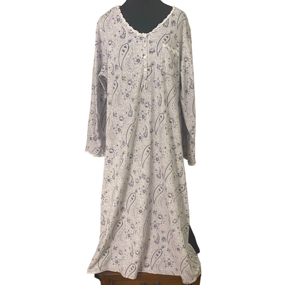 Ellen West Women’s Large Plush Fleece Paisley Long Sleeve Nightgown Cozy Lounge